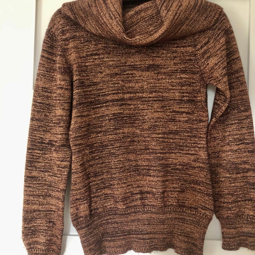 Metallic weave cowl neck sweater